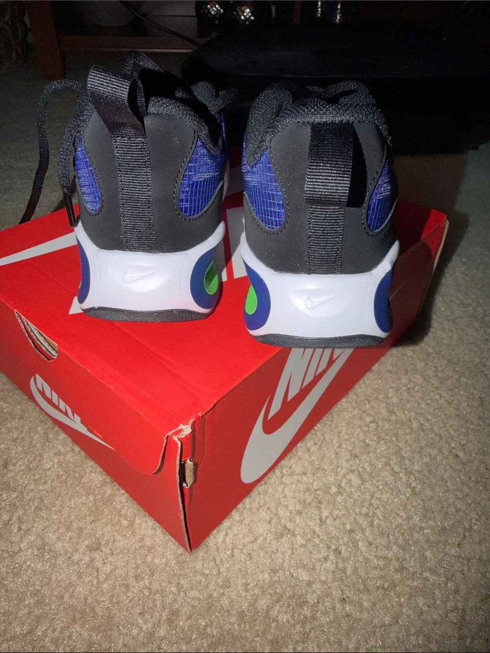 Nike Kids Blue and Black Sneakers with Lime Green Swoosh